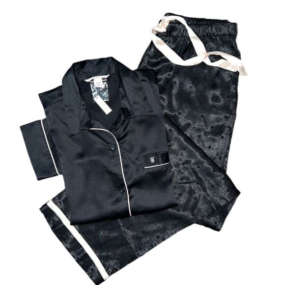 Victorias Secret Silky Satin thick pants & soft button down top pajama set black - Picture 2 of 10